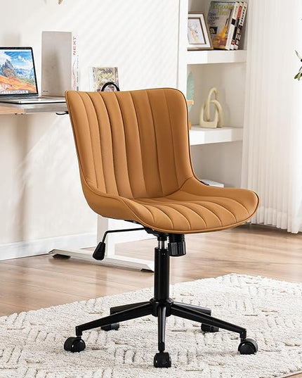 YOUNIKE Armless Office Chair with Wheels Swivel Desk Chair Upholstered Leather Computer Task Chair Height Adjustable Modern Rolling Chair with Backrest Tan - LeafyLoom