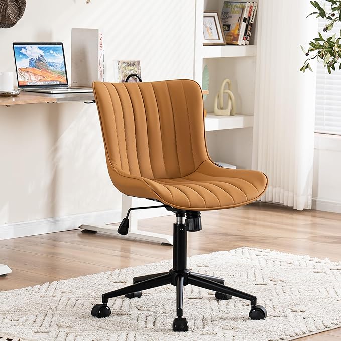 YOUNIKE Armless Office Chair with Wheels Swivel Desk Chair Upholstered Leather Computer Task Chair Height Adjustable Modern Rolling Chair with Backrest Tan - LeafyLoom
