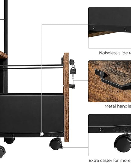 VASAGLE Filing Cabinet for Home Office, Printer Cabinet, Rolling File Cabinet with Drawer and Lock, for Suspended Folder, A4 and Letter Sized Documents, Industrial, Rustic Brown and Black UOFC044B01 - LeafyLoom