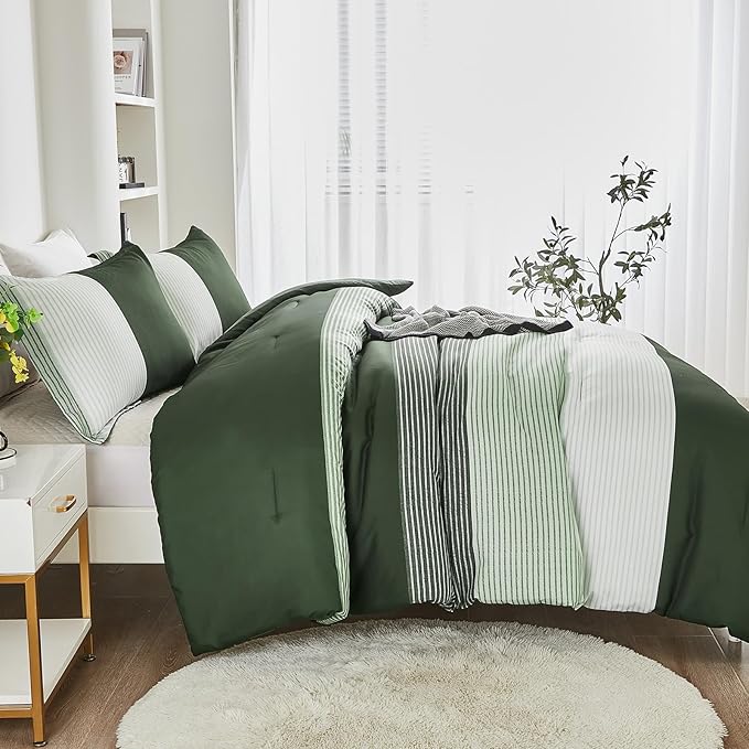 WONGS BEDDING Comforter Set King, Reversible Olive Green Striped Down Alternative Comforter for King Bed,3 Pieces (1 Comforter+2 Pillowcases), Soft Microfiber Bedding Duvet Set 104"×90" - LeafyLoom