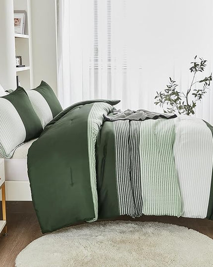 WONGS BEDDING Comforter Set Queen, Reversible Olive Green Striped Patchwork Down Alternative Comforter for Queen Bed,3 Pieces (1 Comforter+2 Pillowcases),Soft Microfiber Bedding Set 90"×90" - LeafyLoom