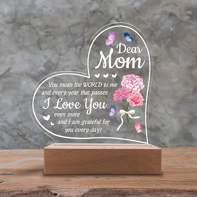 Acrylic Night Light Gift for Mother - You Mean The World to Me - Acrylic Light Gift for Mom from Son, Daughter on Mothers Day - Birthday Gifts to Mom - LeafyLoom