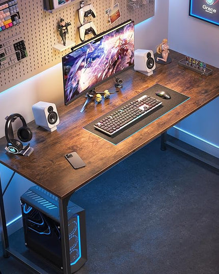 Computer Desk, 55 Inch Office Desk, Gaming Desk with Storage, Writing Desk Work Desk for Home Office, Study, Modern Simple Desk, Large Legroom, Metal Frame, Rustic Brown - LeafyLoom