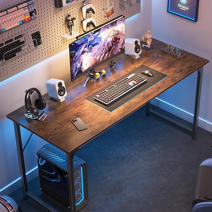 Computer Desk, 55 Inch Office Desk, Gaming Desk with Storage, Writing Desk Work Desk for Home Office, Study, Modern Simple Desk, Large Legroom, Metal Frame, Rustic Brown - LeafyLoom
