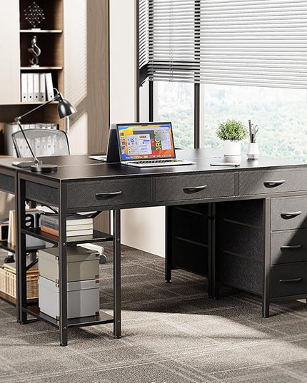 Computer Desk with 6 Drawers, 47 Inch Office Desk with Shelves, Reversible Gaming Desk, Corner Desk with Storage, Work Desk for Home Office, Study, Living Room, Black - LeafyLoom