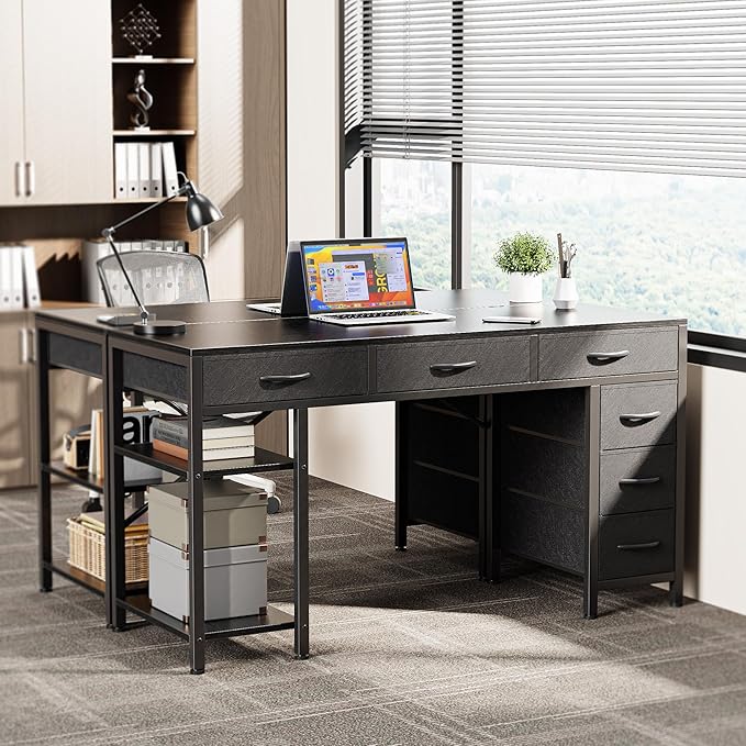 Computer Desk with 6 Drawers, 47 Inch Office Desk with Shelves, Reversible Gaming Desk, Corner Desk with Storage, Work Desk for Home Office, Study, Living Room, Black - LeafyLoom