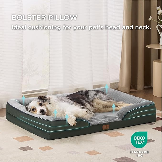 Bedsure Orthopedic Dog Bed for Extra Large Dogs - XL Plus Waterproof Dog Sofa Beds, Supportive Foam Pet Couch Bed with Removable Washable Cover, Waterproof Lining and Nonskid Bottom, Dark Green BEDSURE