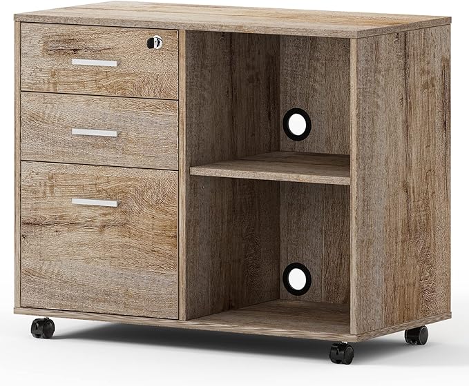 Maxtown Wood Filing Cabinet, Mobile Lateral Filing Cabinet with Lock, 3 Drawer Filing Cabinet with Open Storage Shelves, Printer Stand for Home Office, Walnut - LeafyLoom