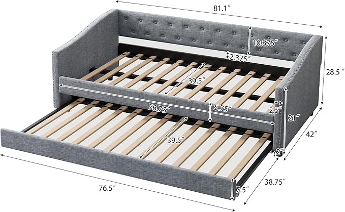 Full Size Daybed with Trundle, Upholstered Tufted Sofa Bed with Button on Back and Piping on Waved Shape Arms for Bedroom, Apartment, Living Room, Wooden Slats Support, Dark Grey - LeafyLoom