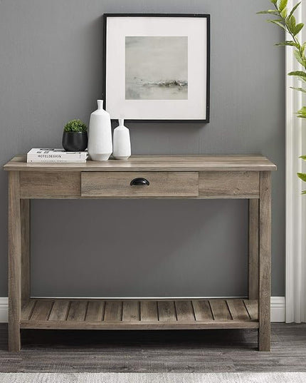 Walker Edison Portsmouth Classic 2 Glass Door TV Stand for TVs up to 80 Inches, 70 Inch, Grey Wash & Rustic Wood Farmhouse Entryway Accent Table with Storage Drawer Entry Table Living Room - LeafyLoom