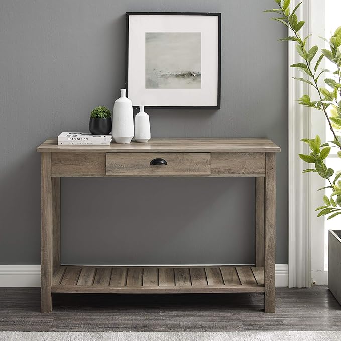 Walker Edison Portsmouth Classic 2 Glass Door TV Stand for TVs up to 80 Inches, 70 Inch, Grey Wash & Rustic Wood Farmhouse Entryway Accent Table with Storage Drawer Entry Table Living Room - LeafyLoom