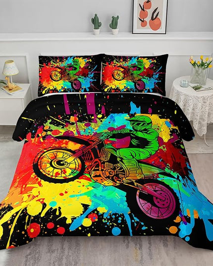 Axolotl Motocross Bedding Set Twin,Dirt Bike Comforter Set,Extreme Sports Bedding,Motorcycle Racer Comforter Set Motocross Comforter Motor Vehicles Biker for Boys Kids Teens Men,1 Quilt 2 Pillowcases - LeafyLoom