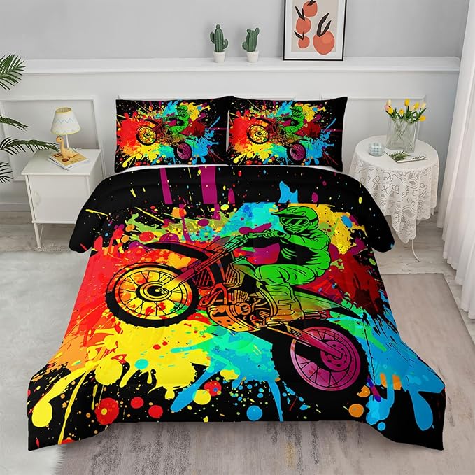 Axolotl Motocross Bedding Set Twin,Dirt Bike Comforter Set,Extreme Sports Bedding,Motorcycle Racer Comforter Set Motocross Comforter Motor Vehicles Biker for Boys Kids Teens Men,1 Quilt 2 Pillowcases - LeafyLoom
