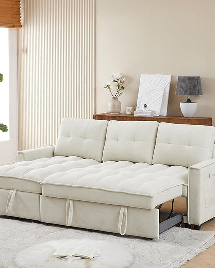 Chenille Convertible Sleeper Sectional Sofa with Reversible Storage Chaise and Pull Out Couch Bed , L Shaped Corner Sofabed with USB and tape-c Charging Ports for Living Room Office Small Places - LeafyLoom