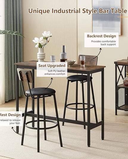 Bar Table and 2 Chairs Set, Industrial Style Bar Stools PU Upholstery Seat with Backrest, 3 Pieces Pub Dining Table Set for Kitchen, Apartment, Small Space, Brown - LeafyLoom
