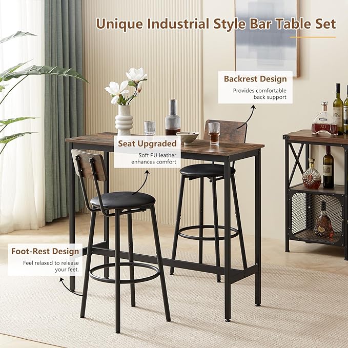 Bar Table and 2 Chairs Set, Industrial Style Bar Stools PU Upholstery Seat with Backrest, 3 Pieces Pub Dining Table Set for Kitchen, Apartment, Small Space, Brown - LeafyLoom