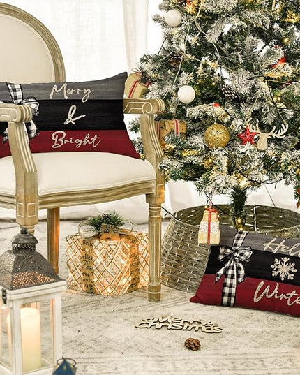 AVOIN colorlife Merry Christmas Joy Xmas Trees Red Throw Pillow Covers, 12 x 20 Inch Christmas Winter Holiday Cushion Case Decoration for Sofa Couch Set of 4 AVOINcolorlife