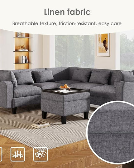 Modern Sectional Sofa with pillows, coffee table,6-Seat Couch Set w/Storage Ottoman,Various Combinations,L-Shape Indoor Furniture with Unique Armrests for Living Room,Apartment, Ushaped Gray - LeafyLoom