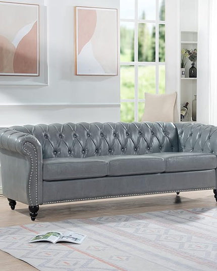 3-Seaters Living Room Clasic Chesterfield Sofa Couch Button Tufted PU Leather Upholstered Sofa&Couch with Luxury Roller Armrest Soild Wood Legs Movable Cushions & Nailhead Decor - LeafyLoom