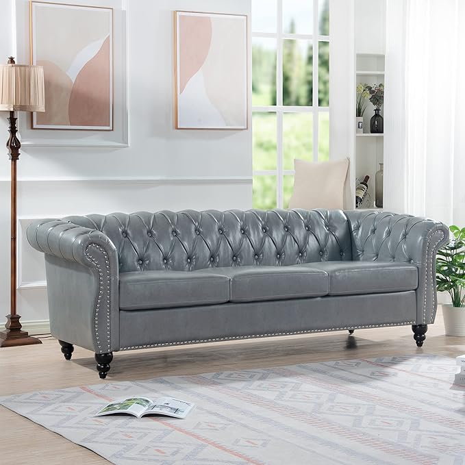 3-Seaters Living Room Clasic Chesterfield Sofa Couch Button Tufted PU Leather Upholstered Sofa&Couch with Luxury Roller Armrest Soild Wood Legs Movable Cushions & Nailhead Decor - LeafyLoom