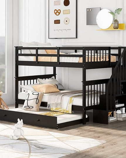 Stairway Bunk Bed Full Over Full with Twin Size Trundle and Stairs Storage, Wooden 3 Bedframe for Kids Teens Adults, Bedroom Furniture, can be Detachabled, Espresso - LeafyLoom
