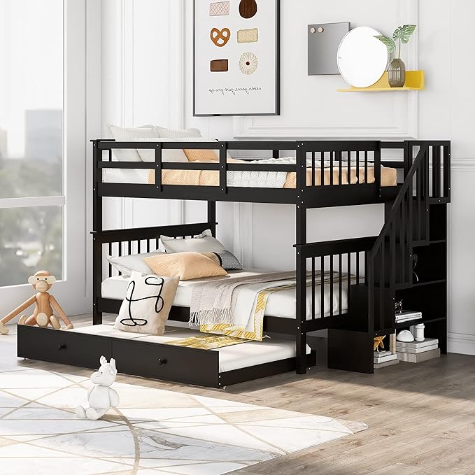 Stairway Bunk Bed Full Over Full with Twin Size Trundle and Stairs Storage, Wooden 3 Bedframe for Kids Teens Adults, Bedroom Furniture, can be Detachabled, Espresso - LeafyLoom
