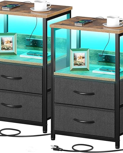 Seventable Nightstand set of 2 with Charging Station, Bedside table with LED Lights, Night stand with 2 Fabric Drawers, 3-Tier Storage End Table for Bedroom, Rustic Brown - LeafyLoom