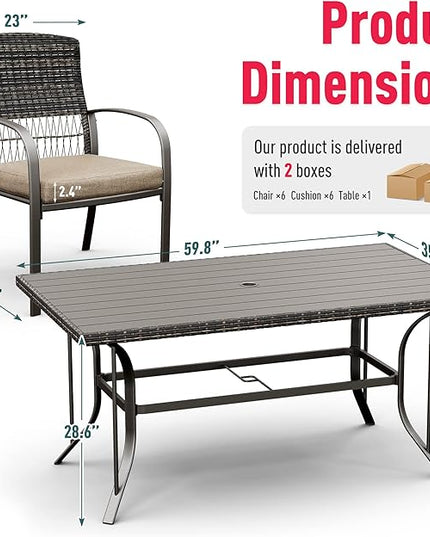 Pamapic 8504 Patio Dining 7 Piece, Outdoor Wicker Furniture Set for Backyard Garden Deck Poolside/Iron Slats Table Top, Removable Cushions, 7 Pack, Beige - LeafyLoom