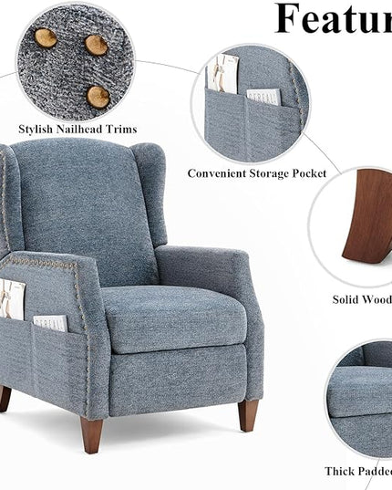 COLAMY Wingback Pushback Recliner Storage Pocket Upholstered Fabric Living Room Chair Armchair, with Wood Legs and Nailhead Trim, Dark Blue - LeafyLoom