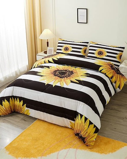 Sunflower Comforter Sets,Beautiful Vintage Bright Floral Pattern,Decorative Bedding Comforter Sets with 2 Pillow Shams, Twin Size - LeafyLoom