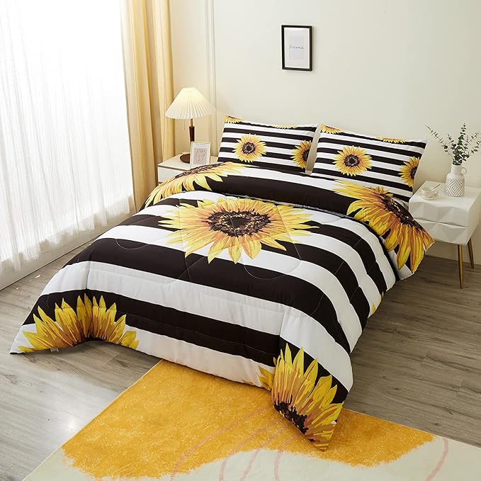 Sunflower Comforter Sets,Beautiful Vintage Bright Floral Pattern,Decorative Bedding Comforter Sets with 2 Pillow Shams, Twin Size - LeafyLoom