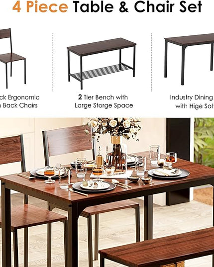 sogesfurniture Modern 4-Piece Kitchen Dining Table Set with 1 Bench and 2 Chairs, Kitchen Bench Table Set for 4, Wooden Kitchen Table and Chairs for Limited Space,Brown - LeafyLoom