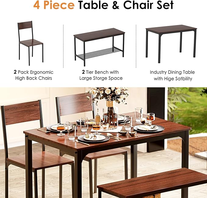 sogesfurniture Modern 4-Piece Kitchen Dining Table Set with 1 Bench and 2 Chairs, Kitchen Bench Table Set for 4, Wooden Kitchen Table and Chairs for Limited Space,Brown - LeafyLoom