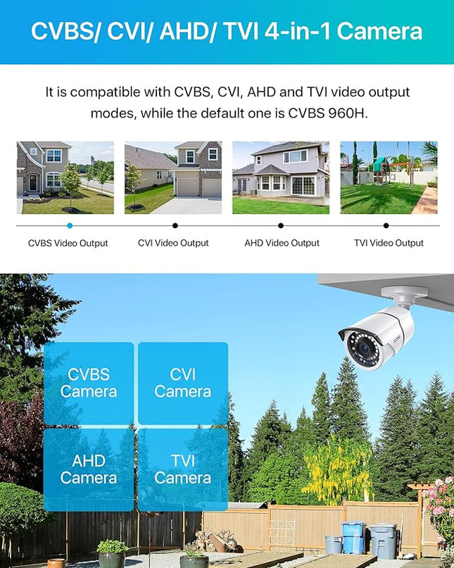 ZOSI 2MP 1080p Security Camera,4-in-1 TVI/CVI/AHD/CVBS Surveillance Bullet Camera Indoor Outdoor,Night Vision,Work for 960H,720P,1080P analog CCTV DVR ZOSI