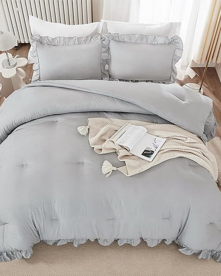 Andency Silver Gray Twin Size Comforter, 2 Pieces Farmhouse Classic Chic Ruffle Comforter for Kids, Lighteweight Soft Microfiber Bedding Set for Girls(1 Ruffle Comforter and 1 Pillowcase) - LeafyLoom