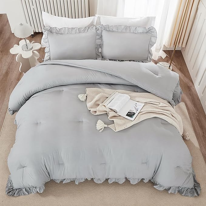 Andency Silver Gray Twin Size Comforter, 2 Pieces Farmhouse Classic Chic Ruffle Comforter for Kids, Lighteweight Soft Microfiber Bedding Set for Girls(1 Ruffle Comforter and 1 Pillowcase) - LeafyLoom