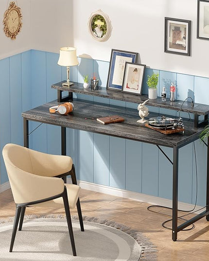 47 inch Computer Desk with Power Outlets, Gaming desk with LED Lights, Home Office Work Desk with Monitor Shelf, Modern Office Desk Study Writing Table for Small Spaces, Black Oak - LeafyLoom