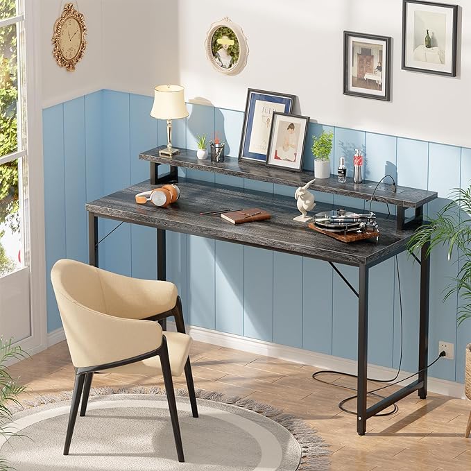 55 inch Computer Desk with Power Outlets, Office Desk Gaming desk with LED Lights, Home Office Desk with Monitor Shelf, Modern Work Desk Study Writing Table for Bedroom, Black Oak - LeafyLoom