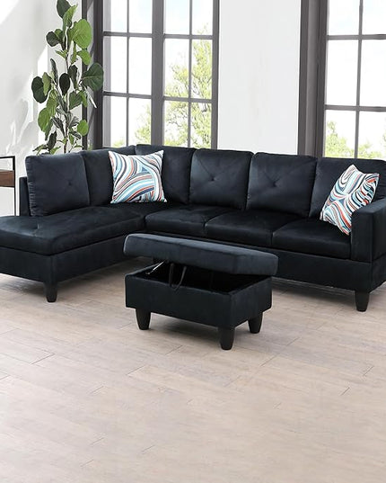 L-Shaped Sectional Couches with 66.5'' Chaise Lounge & Storage Ottoman Modular Room Sofas for Home Office Apartment, Large Living Furniture, 97'' Left Hand Facing, Midnight Blue Microfiber - LeafyLoom