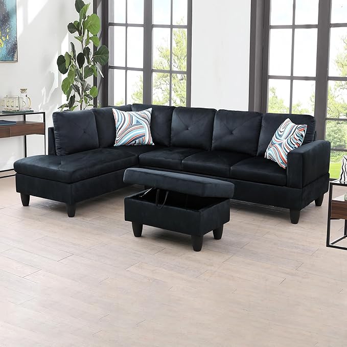 L-Shaped Sectional Couches with 66.5'' Chaise Lounge & Storage Ottoman Modular Room Sofas for Home Office Apartment, Large Living Furniture, 97'' Left Hand Facing, Midnight Blue Microfiber - LeafyLoom