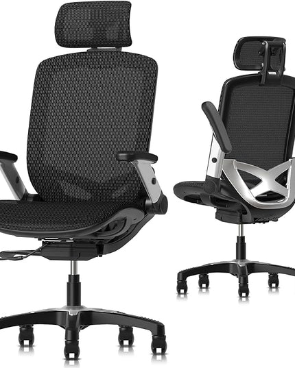 GABRYLLY Ergonomic Office Mesh Chair, High-Back Desk Chair with Sliding Seat, Adjustable Flip-up Armrest & 2D Headrest, 4-Gear Tilt Function, Swivel Computer Gaming Chair for Man Woman - LeafyLoom