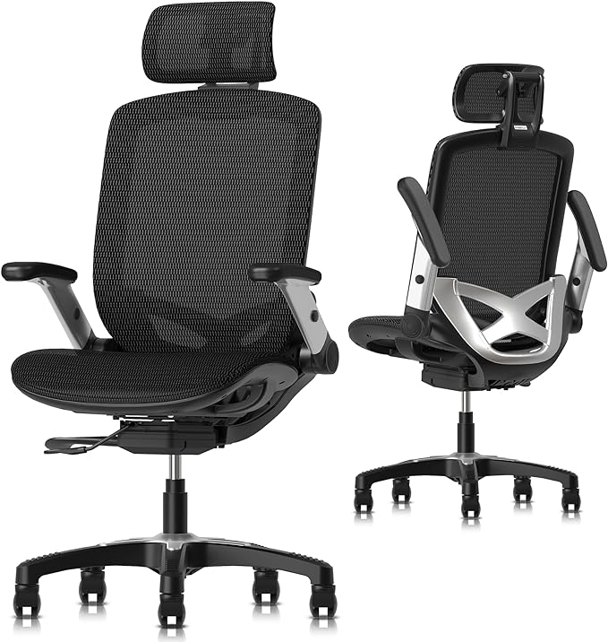GABRYLLY Ergonomic Office Mesh Chair, High-Back Desk Chair with Sliding Seat, Adjustable Flip-up Armrest & 2D Headrest, 4-Gear Tilt Function, Swivel Computer Gaming Chair for Man Woman - LeafyLoom