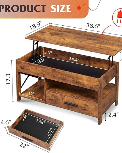 WLIVE Coffee Table, 39" Lift Top Coffee Table with Hidden Compartment and Sorage Drawers for Living Room, Rustic Brown - LeafyLoom