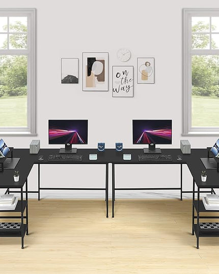 L-Shaped Desk,Corner Computer Desk with Storage Shelves,Large Gaming Desk PC Laptop Writing Workstation with Monitor Stand for Home Office Black - LeafyLoom