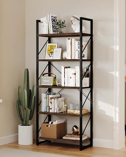 YITAHOME 5-Tier Bookshelf, Freestanding Book Shelf, Industrial Minimalist Open Display Storage Book Shelves Standing Shelving Unit for Living Room Bedroom Home Office, Rustic Brown - LeafyLoom