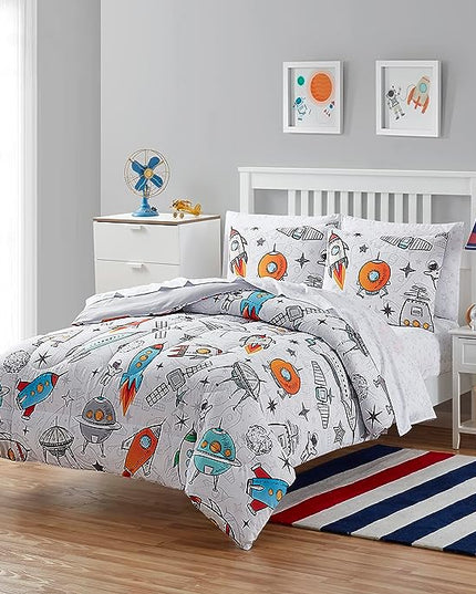 Kids Bedding Set Bed in a Bag for Boys and Girls Toddlers Printed Sheet Set and Comforter , Twin, Floating in Space - LeafyLoom