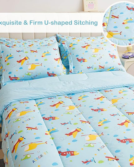 Mooreeke Bed in a Bag for Kids Boys Teens, 7 Pieces Full Size Aircraft Print Comforter Bed Set with Shams, Sheet Set, Airplane Blue Super Soft Microfiber Kids Comforter Bedding Set - LeafyLoom