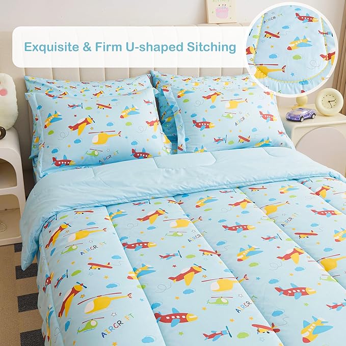 Mooreeke Bed in a Bag for Kids Boys Teens, 7 Pieces Full Size Aircraft Print Comforter Bed Set with Shams, Sheet Set, Airplane Blue Super Soft Microfiber Kids Comforter Bedding Set - LeafyLoom