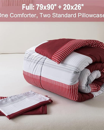 Litanika Red Comforter Set Full, 3 Pieces Boy Men Women Girls Christmas Comforter Bedding Set, Burgundy White Colorblock Stripe for Winter (79x90In Comforter & 2 Pillowcases) - LeafyLoom