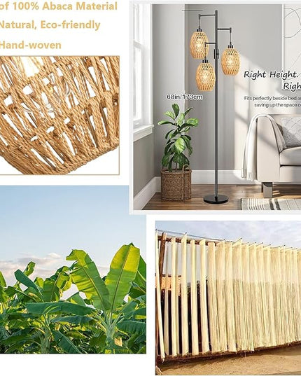 Boho Floor Lamps for Living Room Bedroom Rattan Floor Lamp With Three Wicker Woven Lampshades,Dimmable Rustic Floor Lamp Black Standing Lamp 68" Farmhouse Tall Three Floor Lamp For Bedroom Corner - LeafyLoom